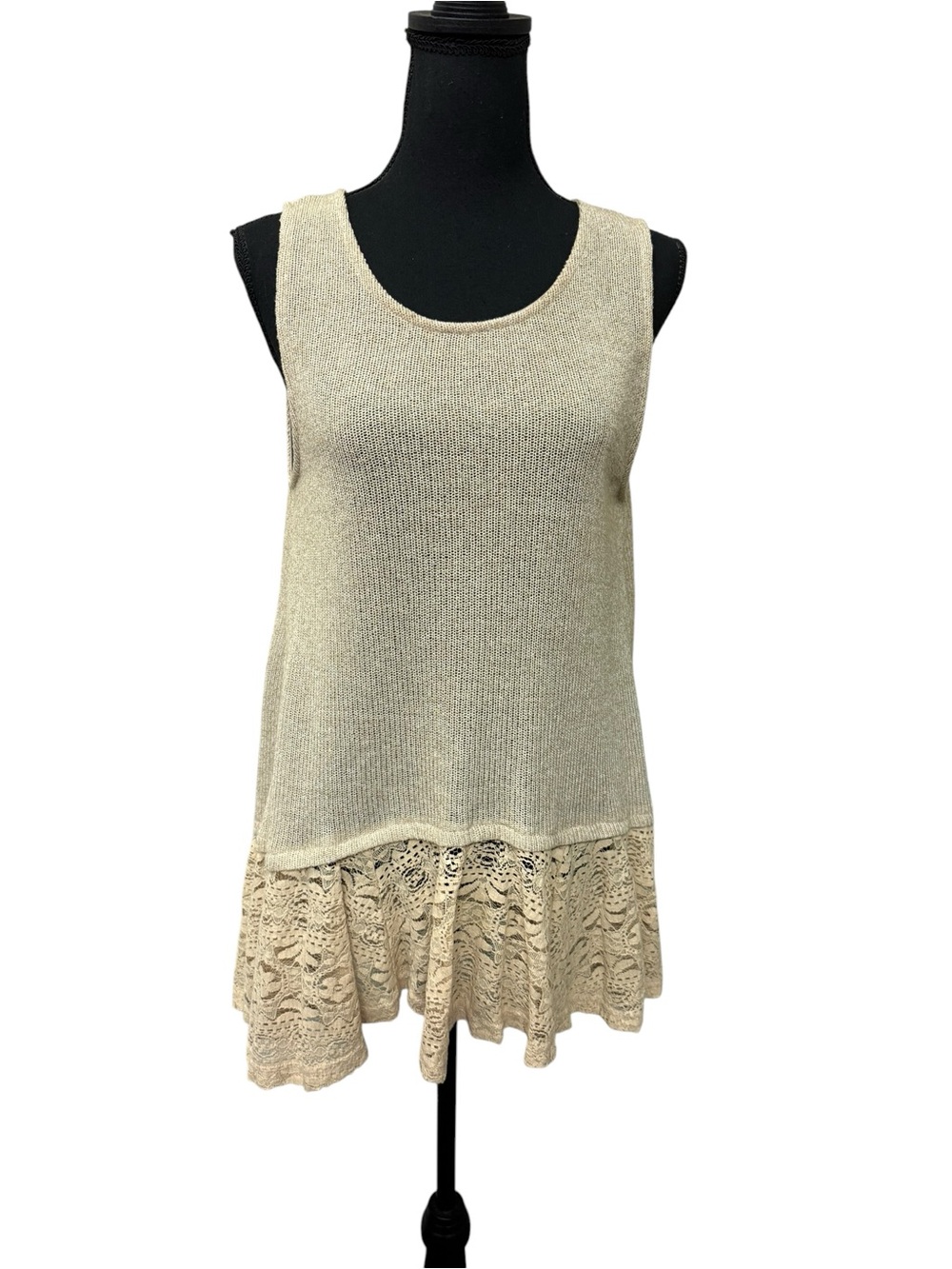 Altar'd State Tan Knit Lace Hem Tunic Tank XL Boho Cottagecore Romantic - Picture 2 of 9